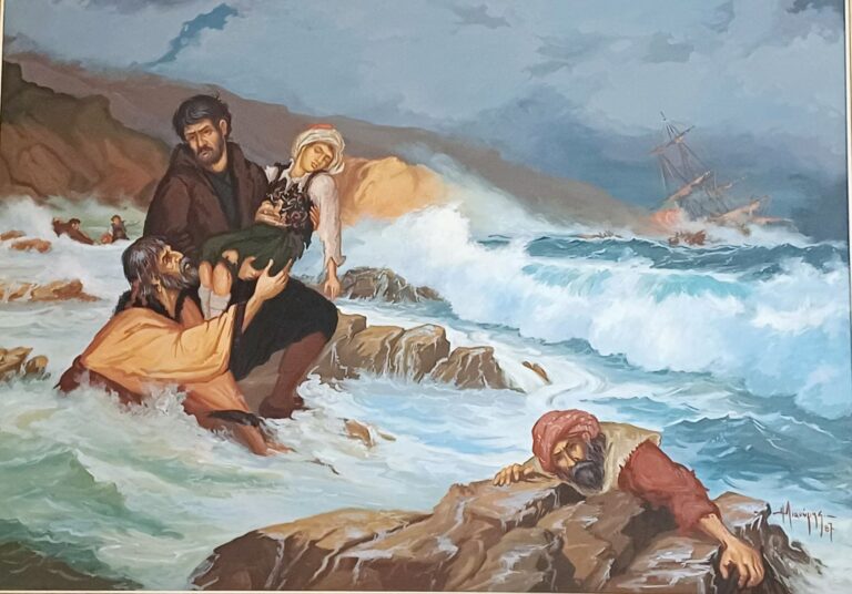 (Ο πίνακας είναι έργο του αείμνηστου Ηλία Λιαούρη, εμπνευσμένος από το “Ναυάγιο του Καλαντού και την διάσωση του Χουσεΐν)