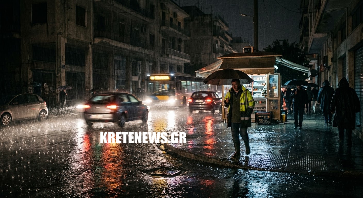Έντονη βροχόπτωση σε δρόμο του Ηρακλείου Κρήτης, με βρεγμένο οδόστρωμα, οχήματα και σκοτεινό ουρανό.